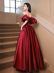 Burgundy Satin Long A-Line Formal Prom Dress