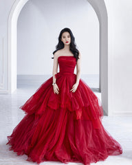 Red tulle long A line prom dress red evening dress