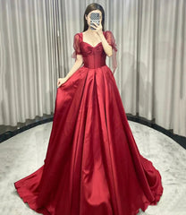 Red satin long prom dress A line evening gown