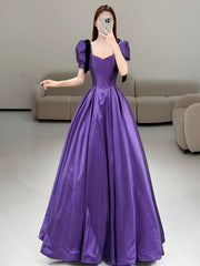 Purple Satin Short Sleeve Evening Party Dress