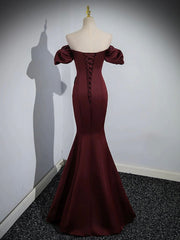 Burgundy Satin Long Prom Dress, Mermaid Off the Shoulder Evening Party Dress