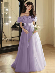 Purple Tulle Floor Length Prom Dress, Off the Shoulder Evening Party Dress