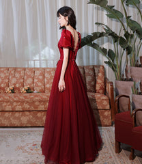 Burgundy satin tulle long prom dress A line evenig dress