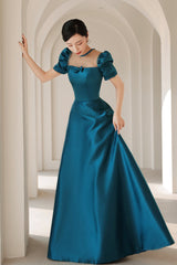 Blue satin long A line prom dress blue evening dress