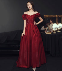 Burgundy satin long prom dress A line evening gown