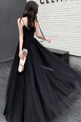 Black tulle beads long prom dress A line evening dress