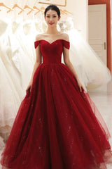 Burgundy Tulle Long Prom Dress A Line Evening Dress