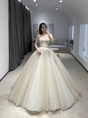 Champagne Strapless Tulle Lace Floor Length Prom Dress