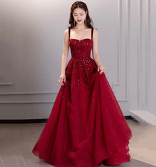 Burgundy sequins long prom dress evening dress