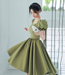 Green satin short prom dress A-line homecoming dress