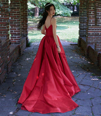 Red satin long prom dress A line evening dress