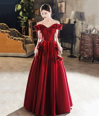 Burgundy Satin Long Prom Dress, Cute A-Line Off Shoulder Evening Dress