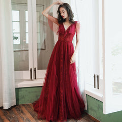 Burgundy tulle long prom dress evening dress