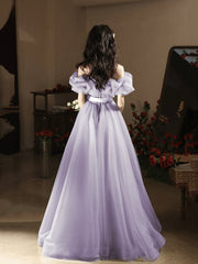 Purple Tulle Floor Length Prom Dress, Off the Shoulder Evening Party Dress