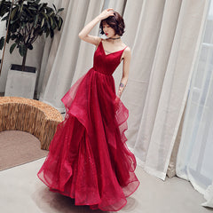 Burgundy v neck tulle long prom dress, formal dress