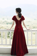 Burgundy velvet long prom dress A line evening dress