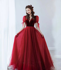 Burgundy velvet tulle long prom dress evening dress