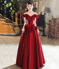 Burgundy Satin Long Prom Dress, Cute A-Line Off Shoulder Evening Dress