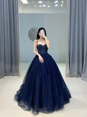 Blue Tulle Beads Long A-Line Prom Party Dress