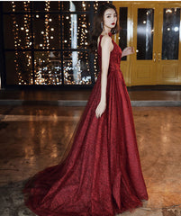 Burgundy tulle long prom dress party dress