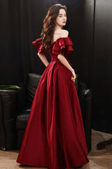 Burgundy satin long prom dress A line evening dress