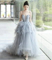 Gray Tulle Spaghetti Strap Long Prom Dress, Gray V-Neck Evening Dress