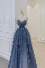 Blue Tulle Beads Long Ball Gown Dress Blue Formal Dress