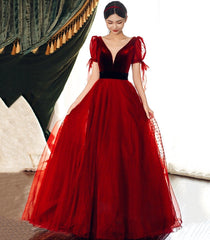 Burgundy Velvet Tulle Long Prom Dress, A-Line Evening Party Dress