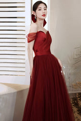 Burgundy tulle long prom dress A-line evening dress