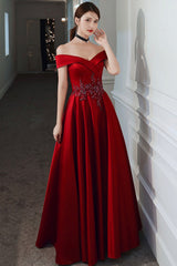 Burgundy satin beads long prom dress evening dress