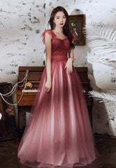 Burgundy tulle sequins long prom dress