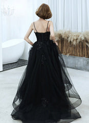 Black v neck tulle beads long prom dress evening dress