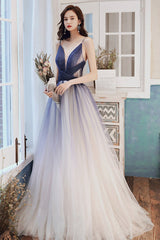 Stylish v neck tulle long A line prom dress blue evening dress