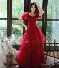 Burgundy tulle long prom dress evening gown