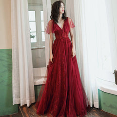 Burgundy tulle long prom dress evening dress