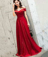 Burgundy satin long prom dress cute evening dress