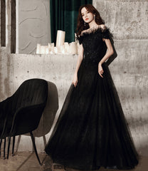 Black tulle beads long A line prom dress evening dress