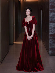 Burgundy Velvet Long A-Line Prom Dress