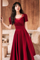 Burgundy satin short prom dress A-line evening dress