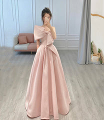 Pink satin long prom dress with bow A line evening dress