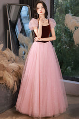 Pink tulle long A-line prom dress pink evening dress