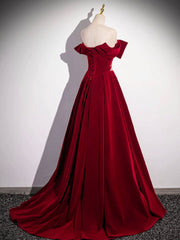 Burgundy Velvet Long Prom Dress, Off the Shoulder Evening Party Dress