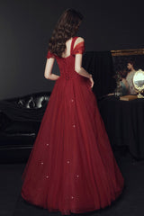 Burgundy tulle long prom dress A line evening dress