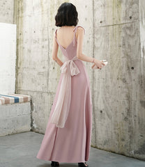 Pink V-neck long prom dress A-line evening dress