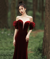 Burgundy Velvet Long Prom Dress with Pearls, Mermaid Off Shoulder Evening Party Dress