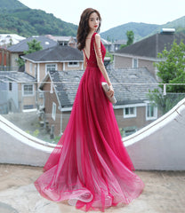 Red tulle beads long prom dress red evening dress