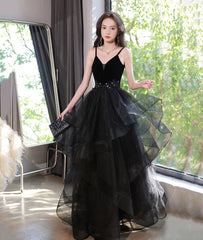 Black V-Neck Lace Long Prom Dress, A-Line Evening Dress