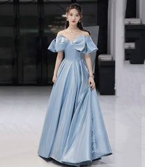 Blue satin long prom dress A line evening dress