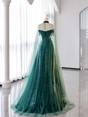 New A-Line Dark Green Prom Dress, Off-The-Shoulder Prom Dress With Cape, Sweeping Tail Prom Dress