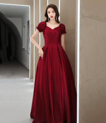 Burgundy satin long prom dress A line evening gown